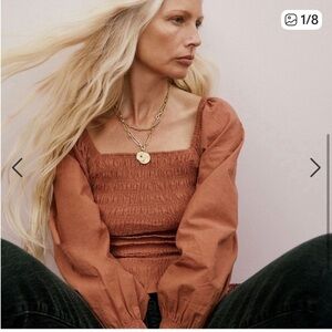 NWT MADEWELL Lucie Bubble Sleeve Smocked Blouse Sz Small Warm Umber
